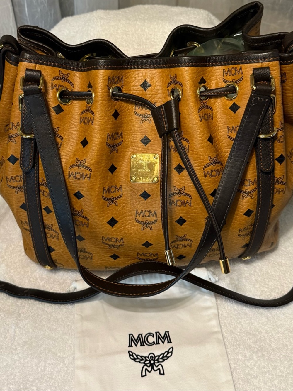 MCM Cognac Visetos Monogram Med/Lg. Drawstring Shoulder Bag with Dark Brown Trim